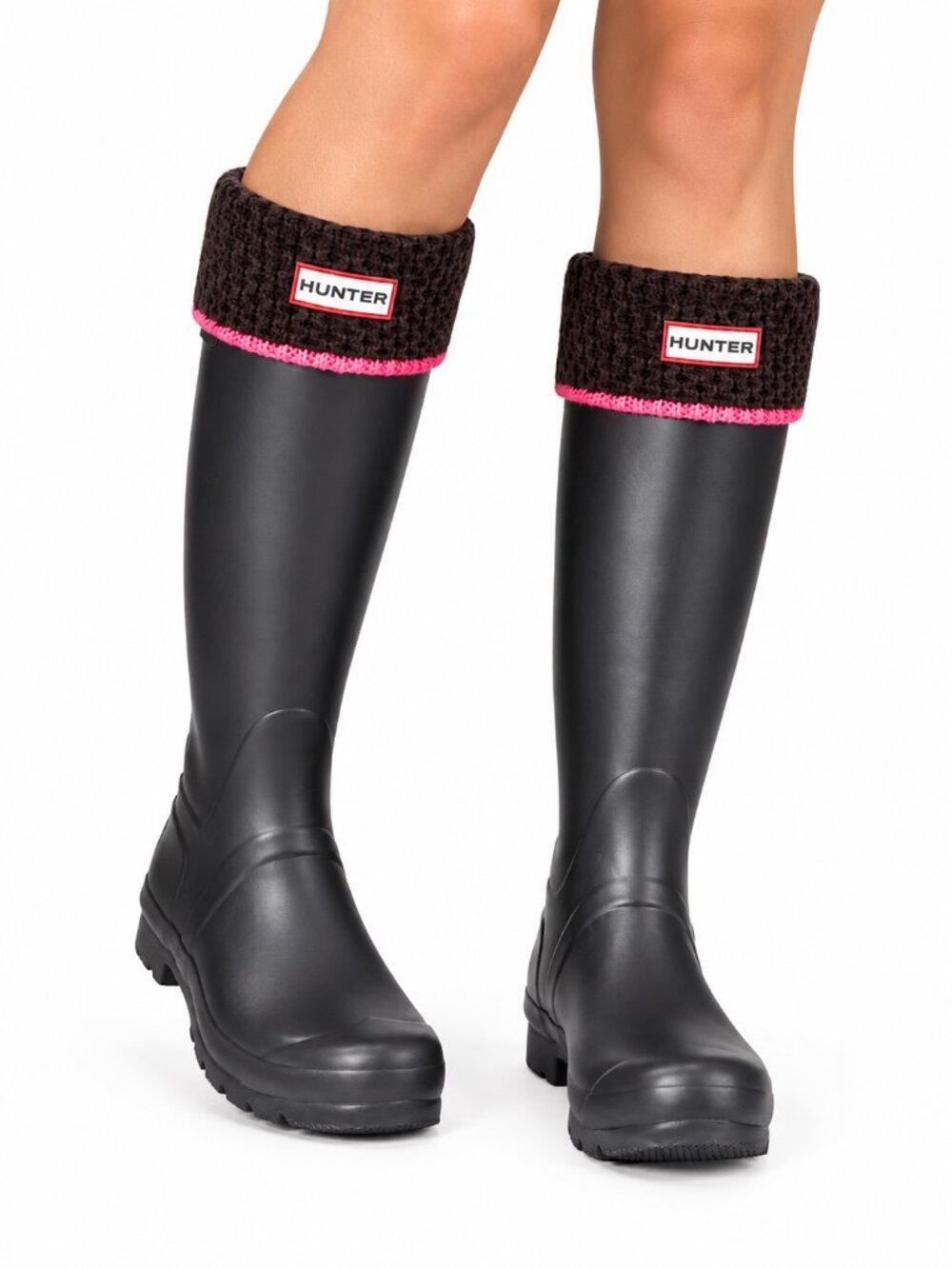 HUNTER Tall Boot Socks Chocolate Brown Pink Large Fleece Liners Knit Cuff Cozy